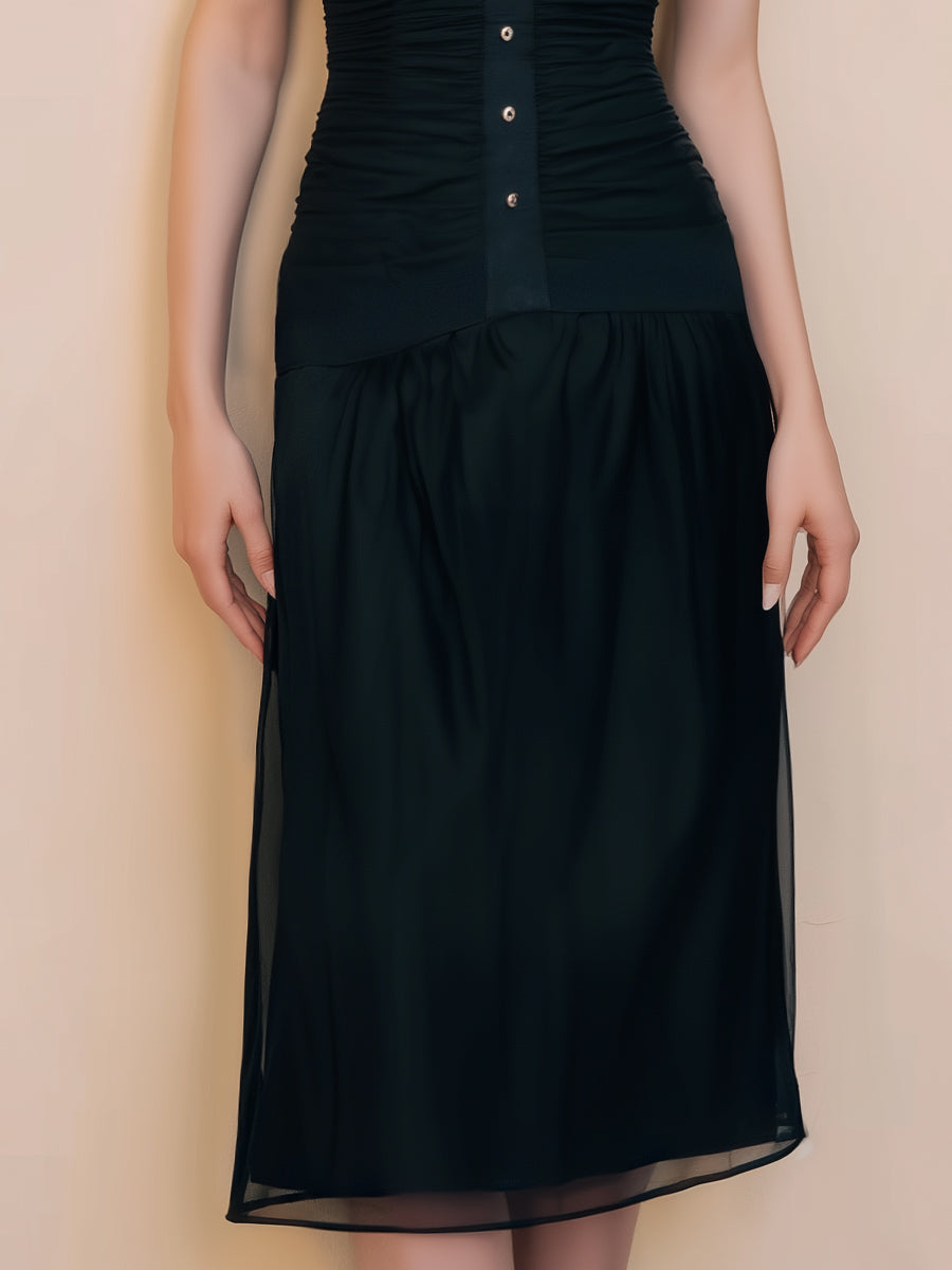 Black Sheer Mesh Ruched Panel Midi Dress