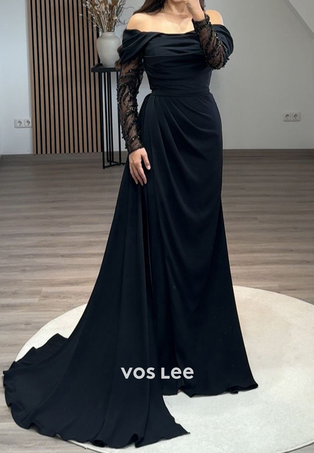 Formal Beaded Off Shoulder Sleeves with Train Sheath Evening Party Dress