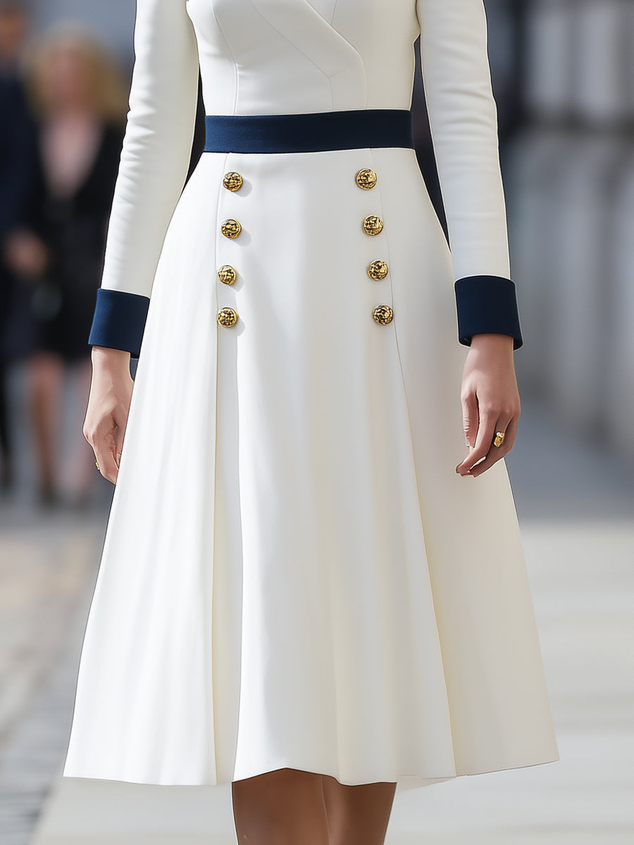 Navy-Trimmed White Military-Inspired Midi Dress