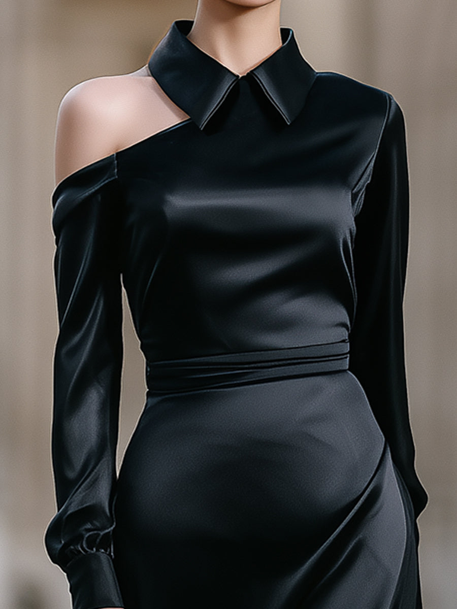 Elegant Satin Asymmetric Cold Shoulder Midi Dress