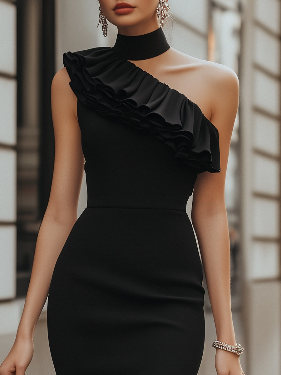 Elegant One-Shoulder Black Ruffle Dress Wedding Guest Dresses