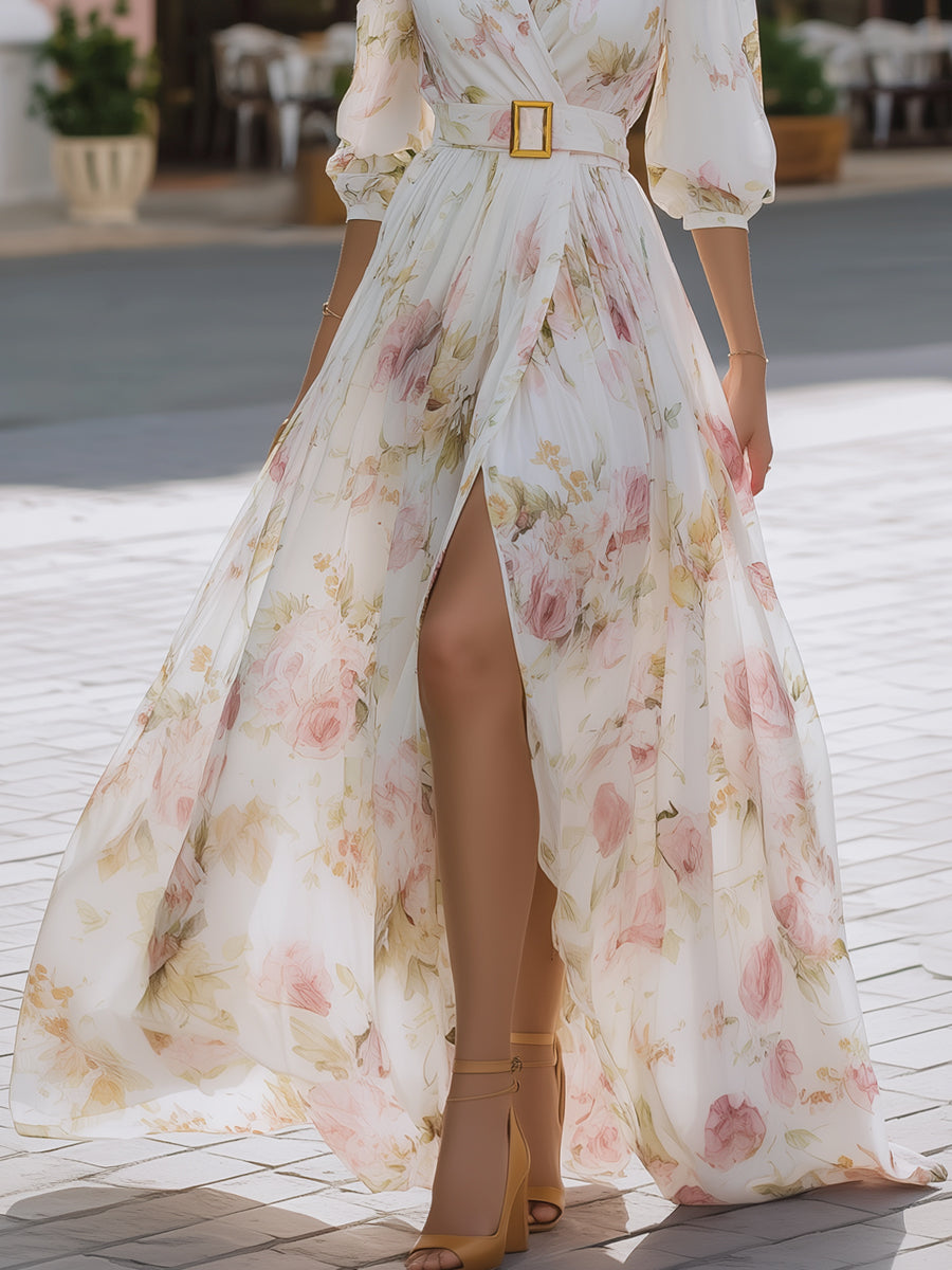 Romantic Floral Chiffon Maxi Dress With Belted Waist