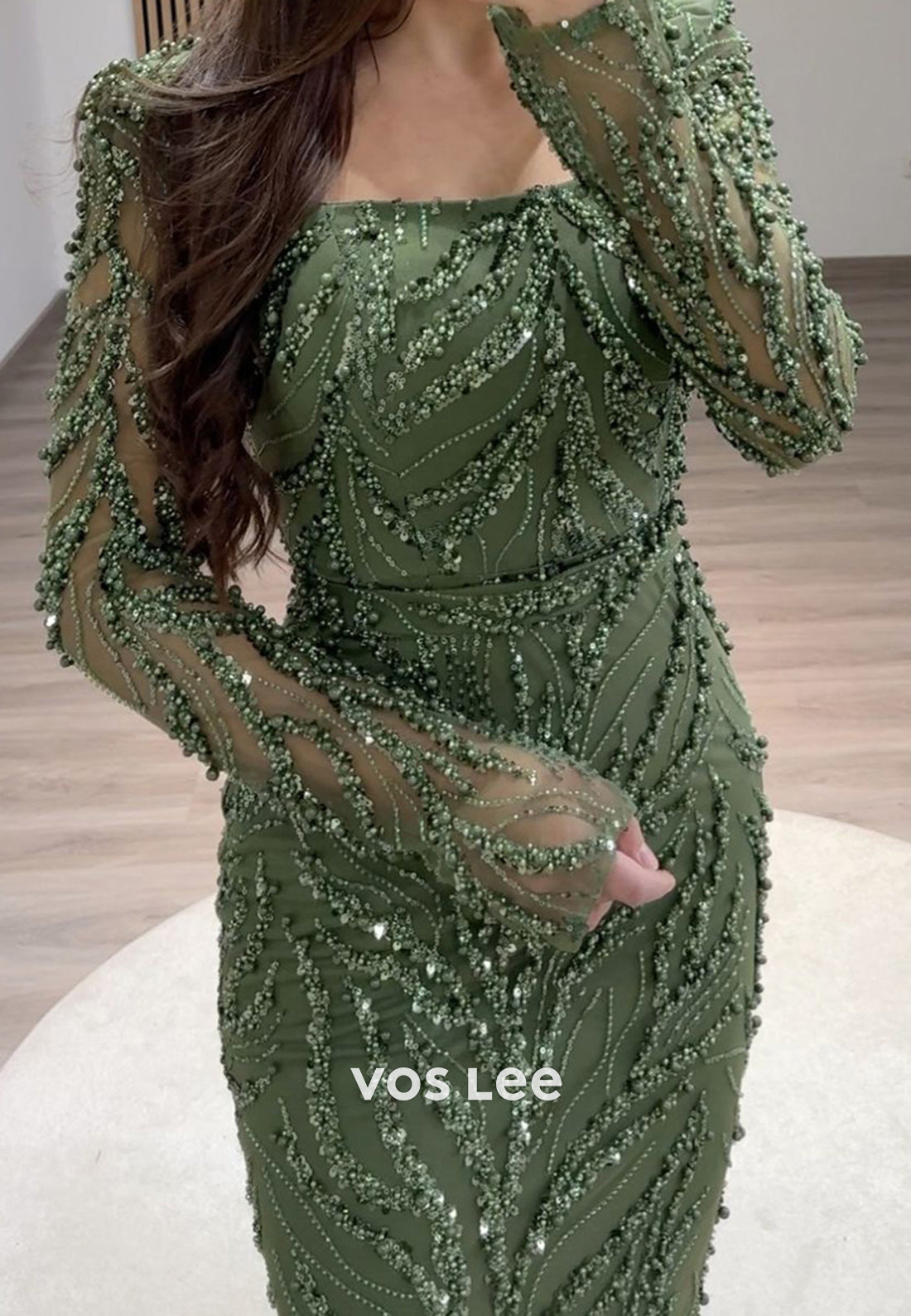 Full Beaded Square Evening Dress Long Sleeves Sheath Formal Party Gown