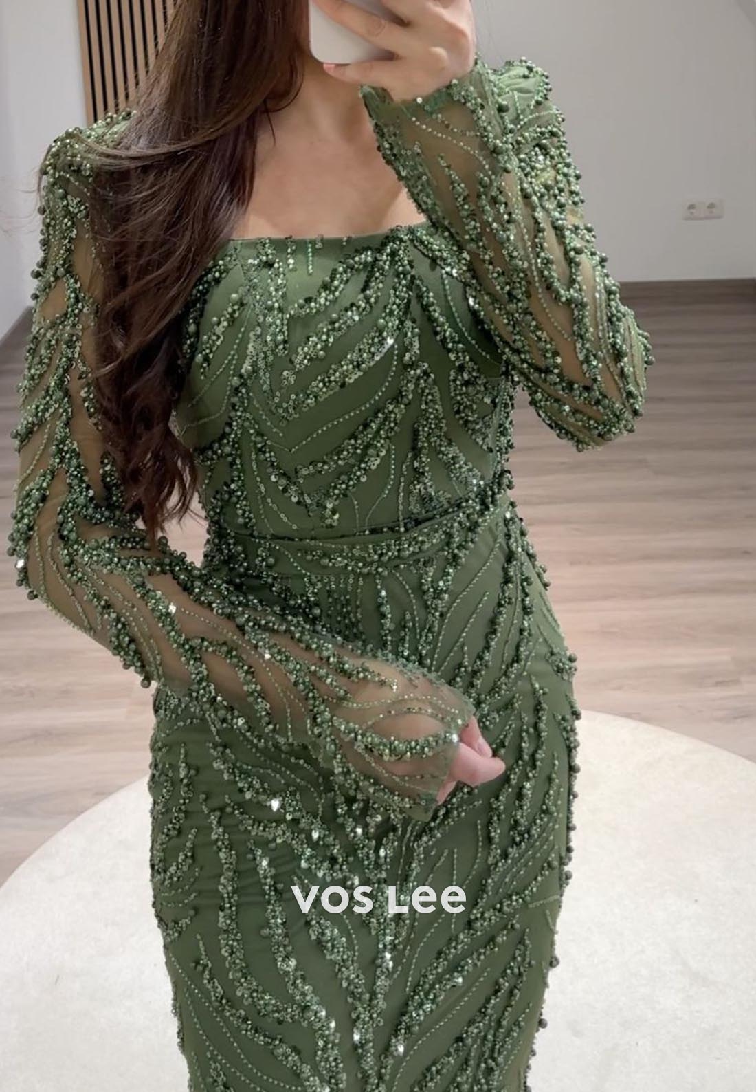 Elegance Allover Lace Beaded Long Sleeves Mermaid Evening Formal Dresses
