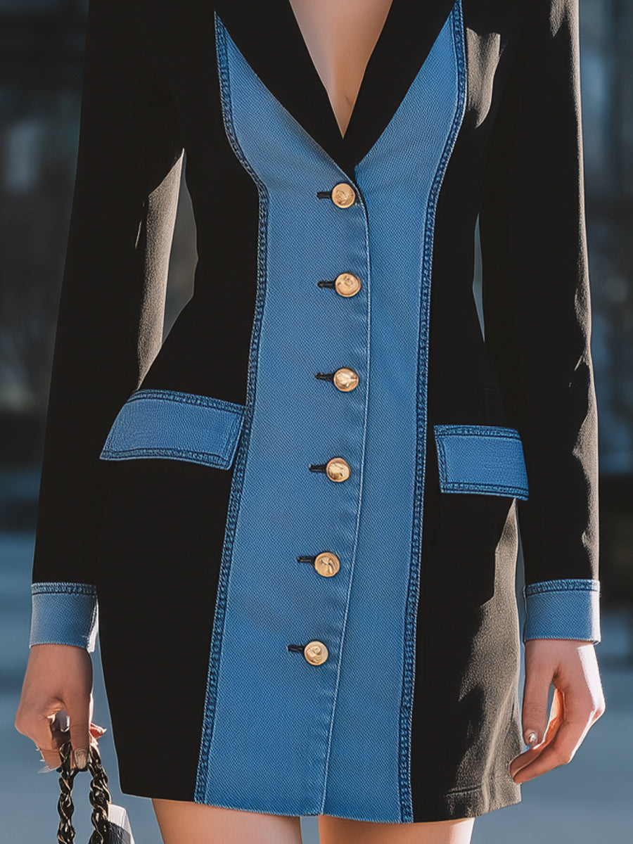 Chic Denim Panel Contrast Blazer Mini Dress