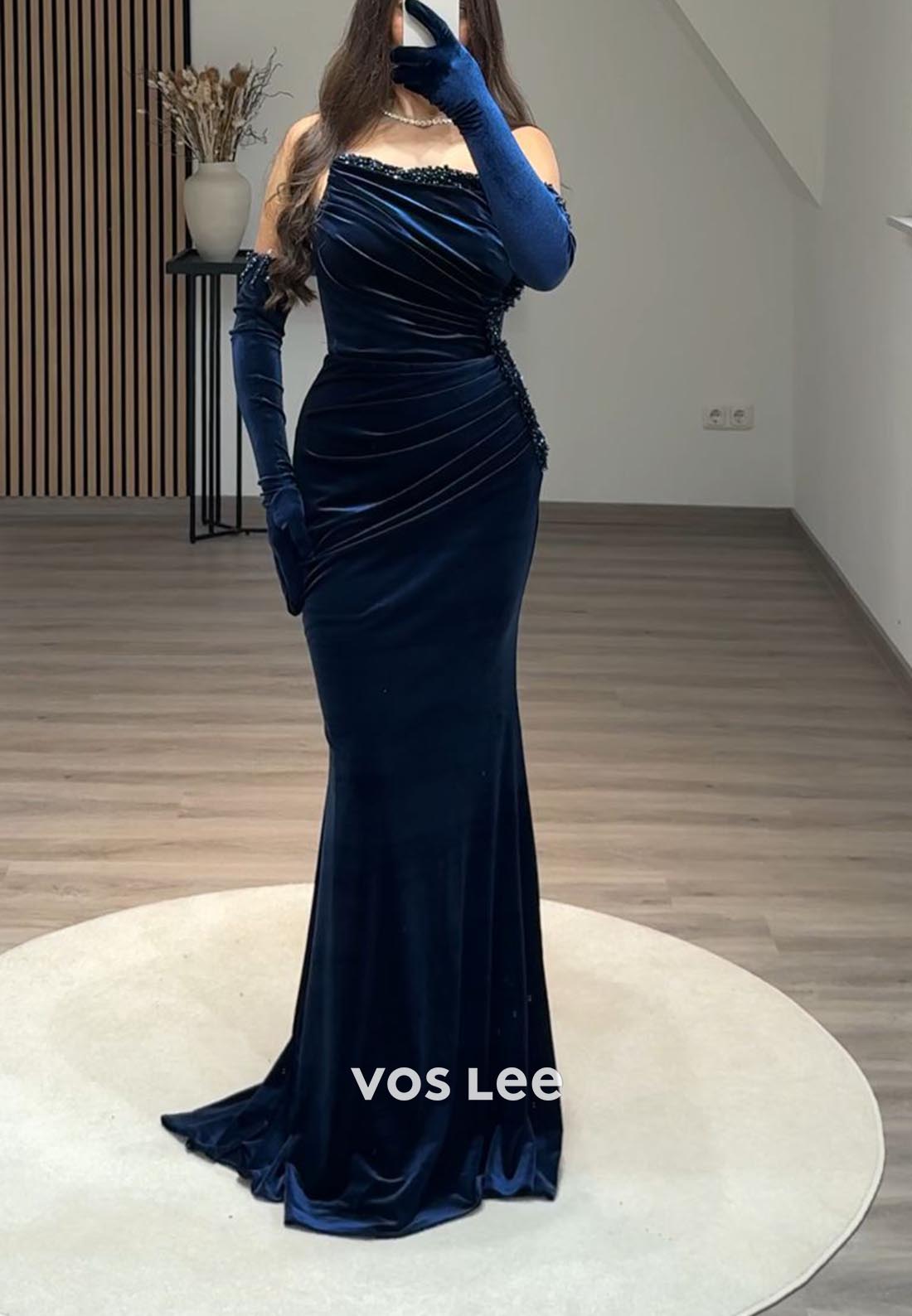 Strapless Velvet Ruched Strapless Pearl Mermaid Long Formal Dresses with Long gloves