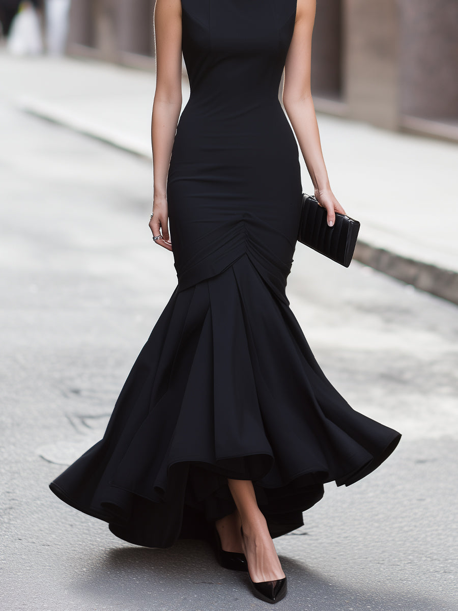 Elegant Sleeveless Ruched Mermaid Hem Long Dress