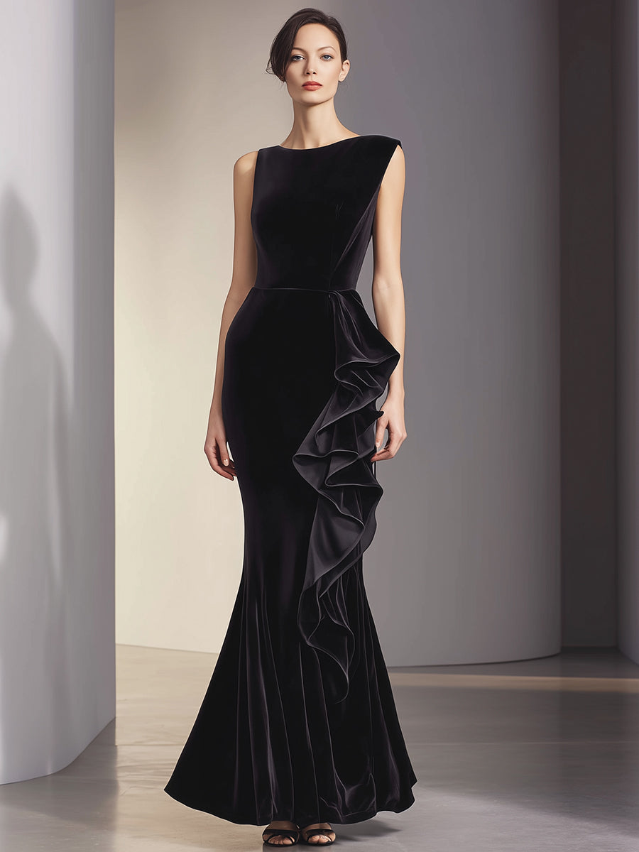 Asymmetric Cascading Ruffle Velvet Gown