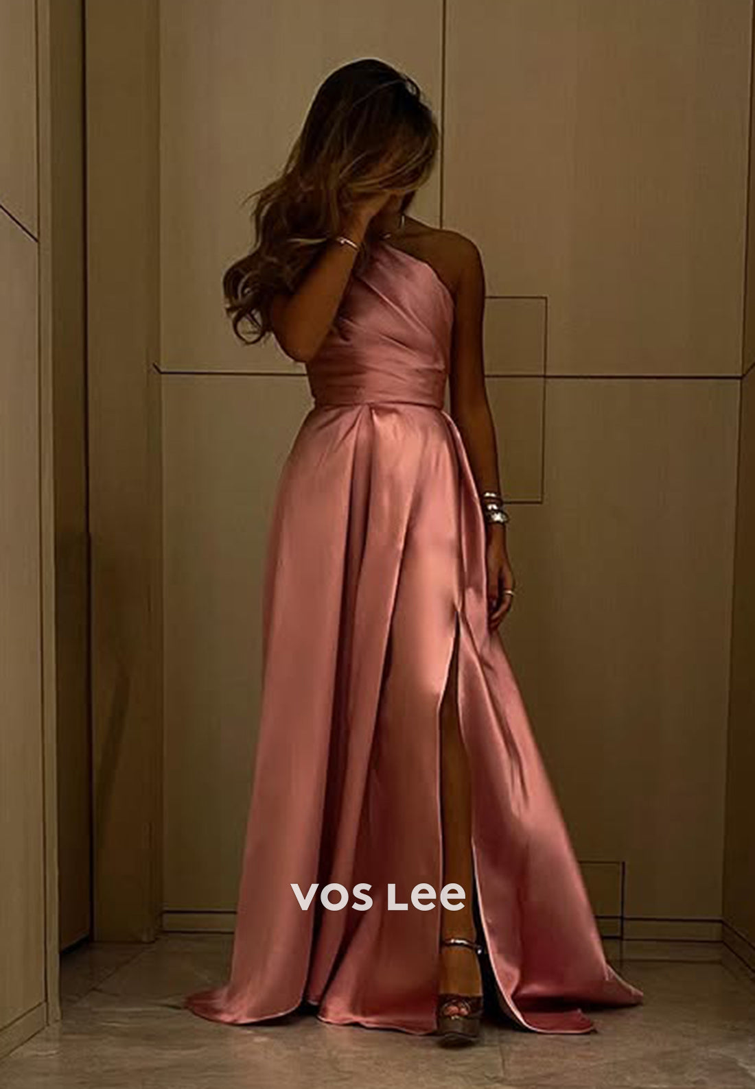 Dusty Rose Ruched Strapless A-Line Satin Evening Formal Party Prom Dress Gown