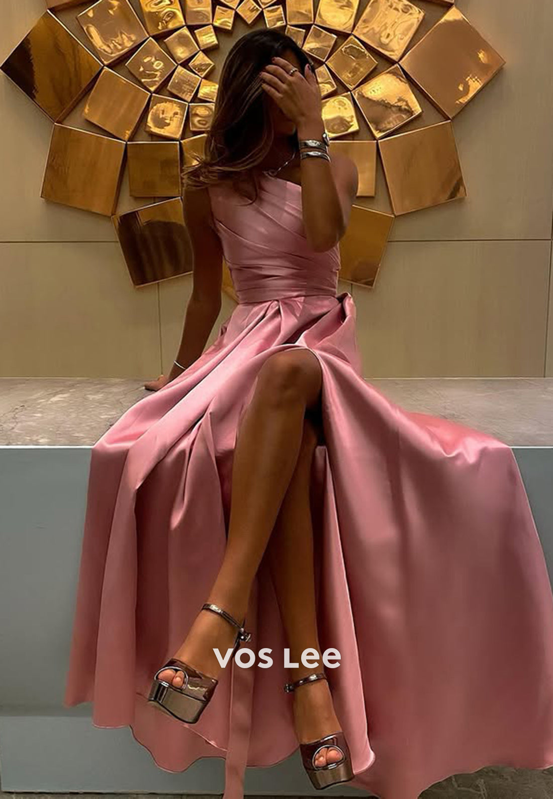 Dusty Rose Ruched Strapless A-Line Satin Evening Formal Party Prom Dress Gown