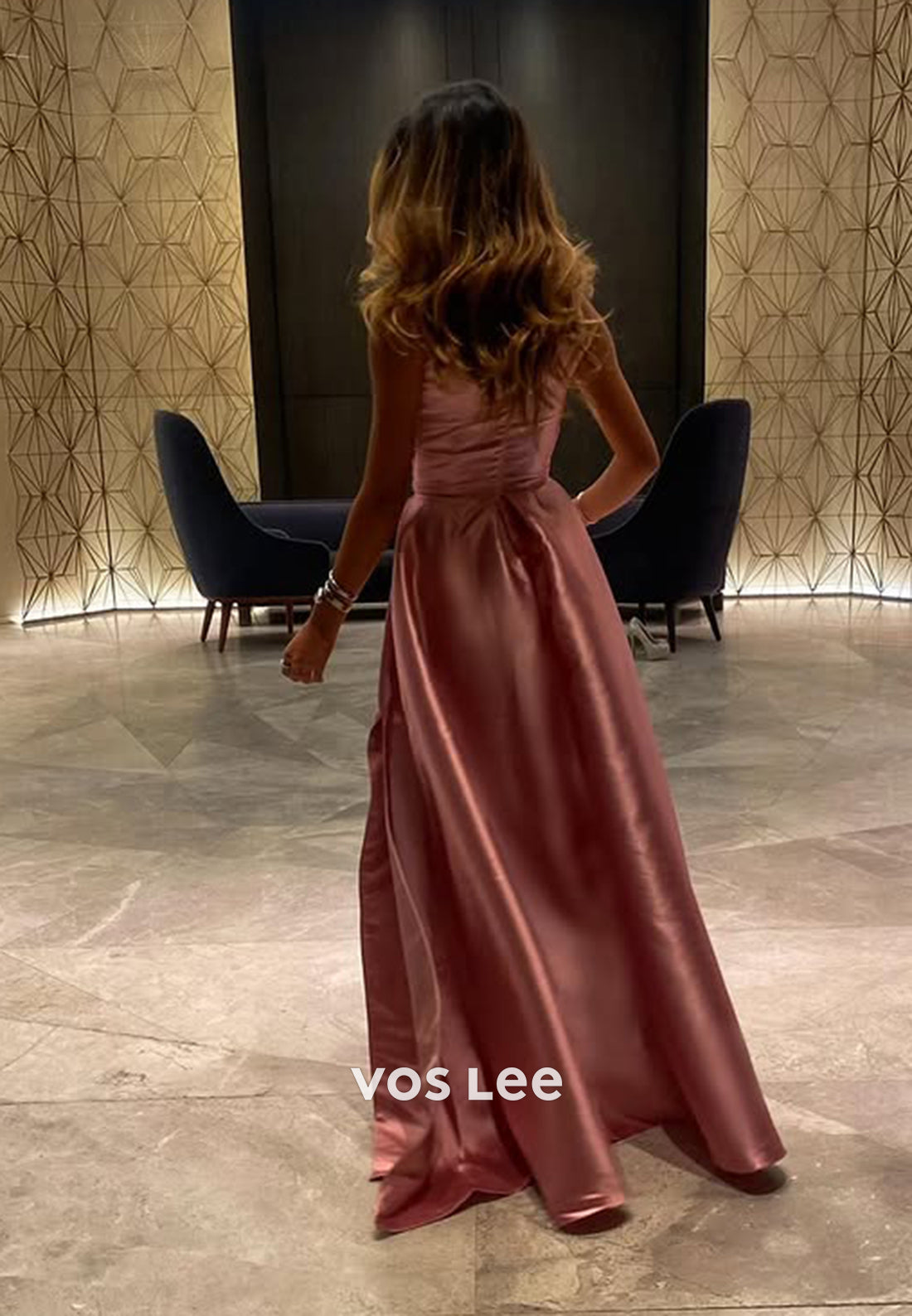 Dusty Rose Ruched Strapless A-Line Satin Evening Formal Party Prom Dress Gown