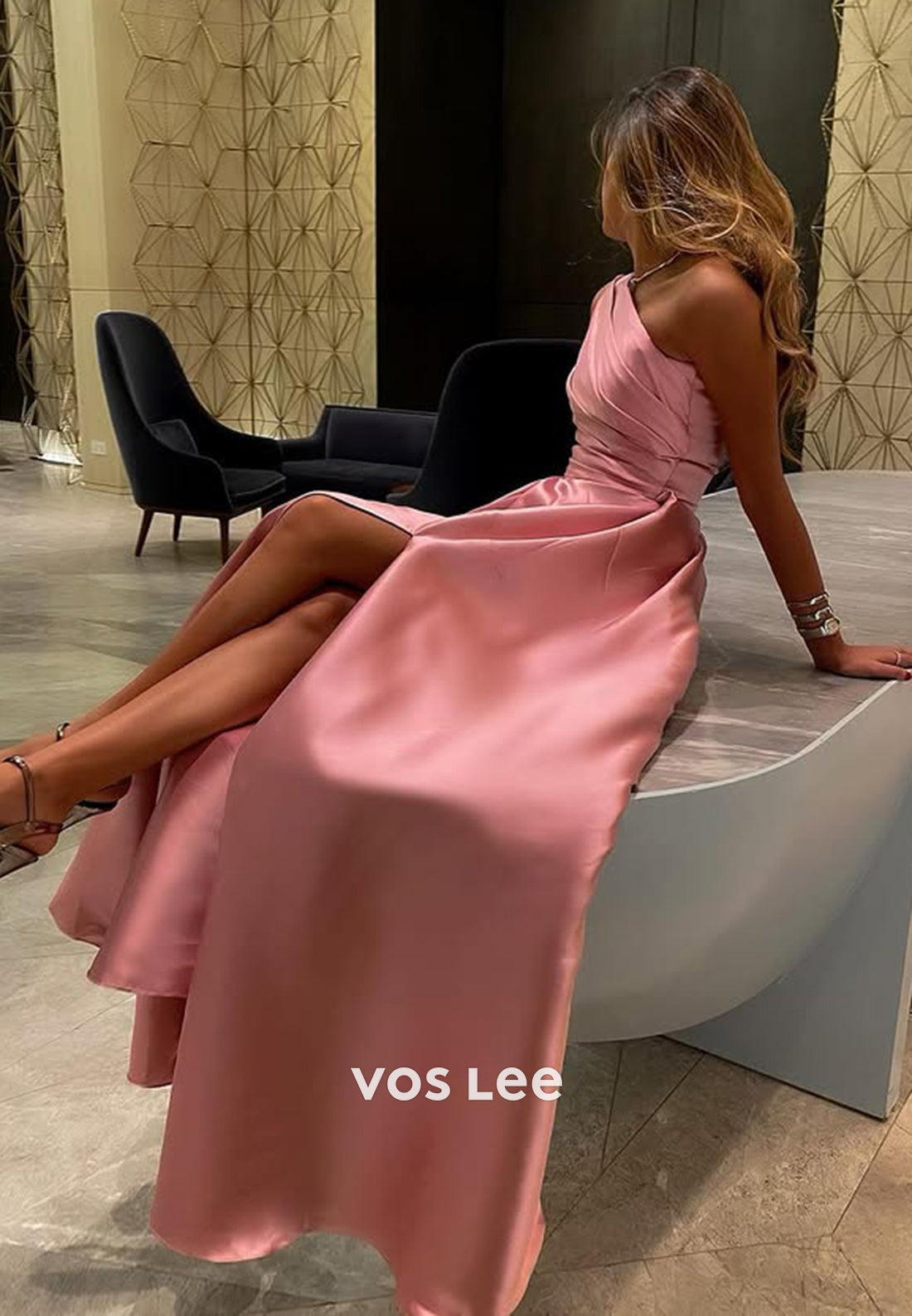 Dusty Rose Ruched Strapless A-Line Satin Evening Formal Party Prom Dress Gown