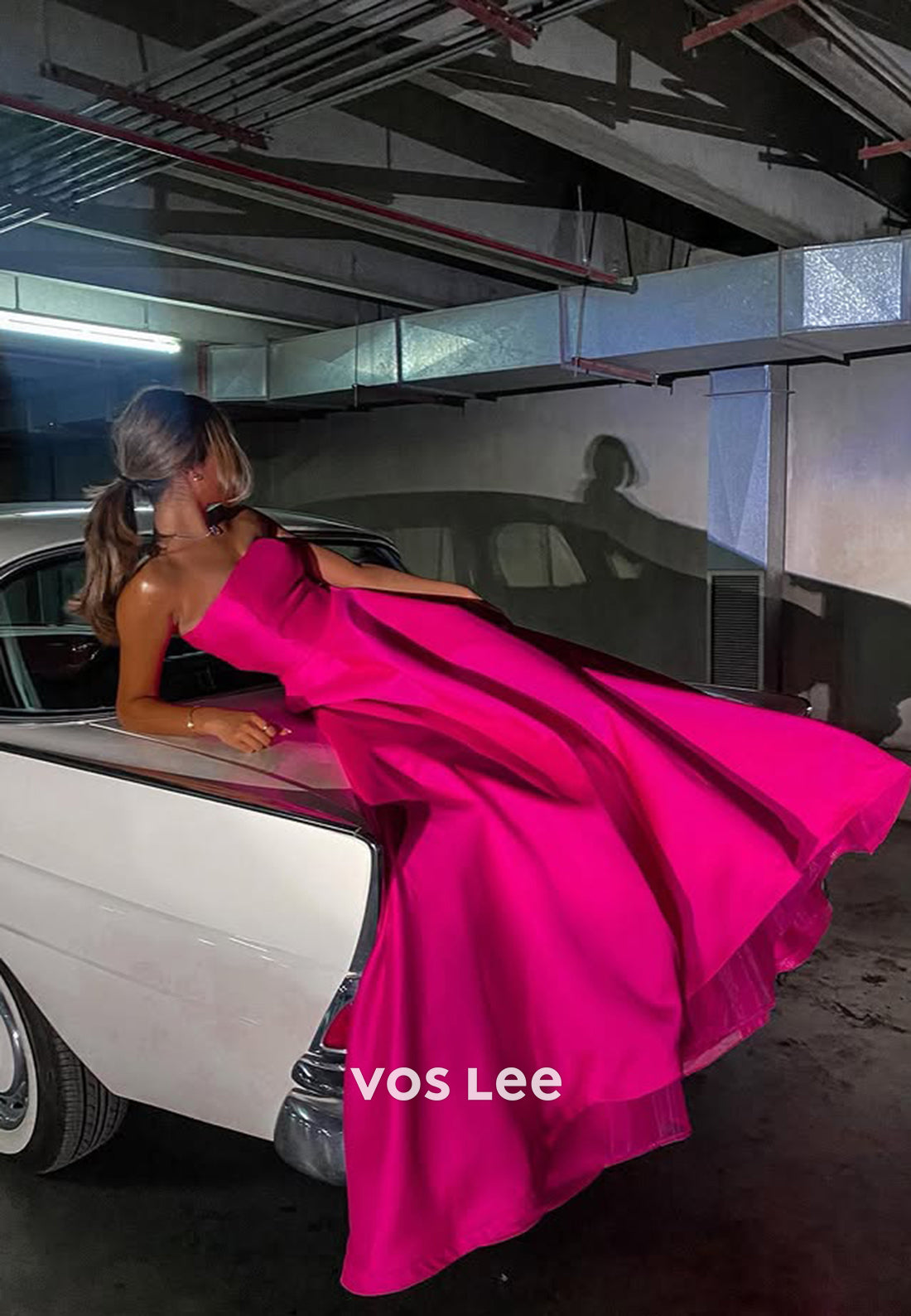 Classic Solid Fuchsia Strapless A-Line with Train Evening Dress Formal Party Gown