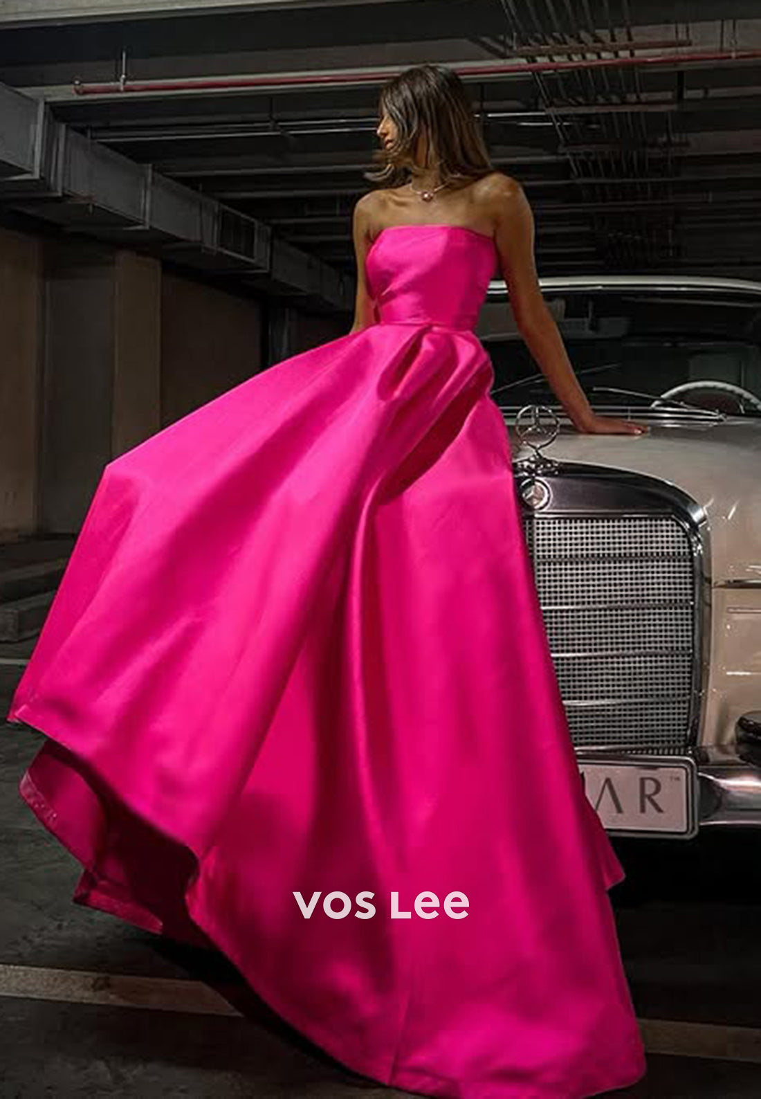 Classic Solid Fuchsia Strapless A-Line with Train Evening Dress Formal Party Gown