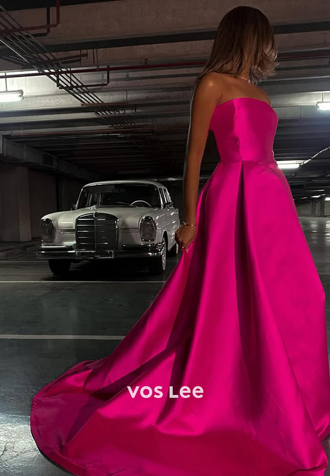 Classic Solid Fuchsia Strapless A-Line with Train Evening Dress Formal Party Gown