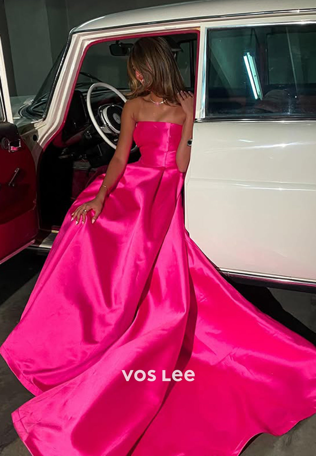 Classic Solid Fuchsia Strapless A-Line with Train Evening Dress Formal Party Gown