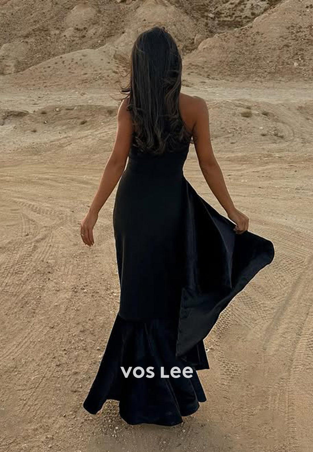 Elegant Black Fitted Ruffles Sheath Strapless Evening Dress Formal Party Gown