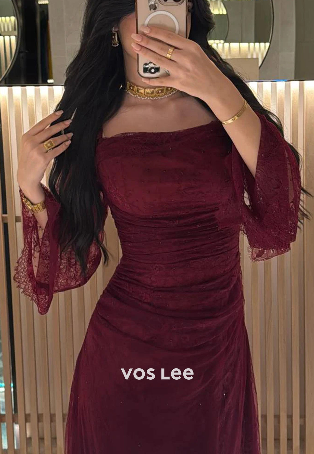 Sparkle & Shine Burgundy Allover Lace Ankle-Length Pleated Sheath Evening Dresses