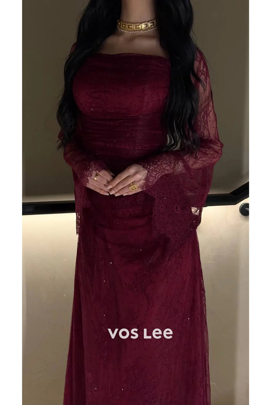 Sparkle & Shine Burgundy Allover Lace Ankle-Length Pleated Sheath Evening Dresses