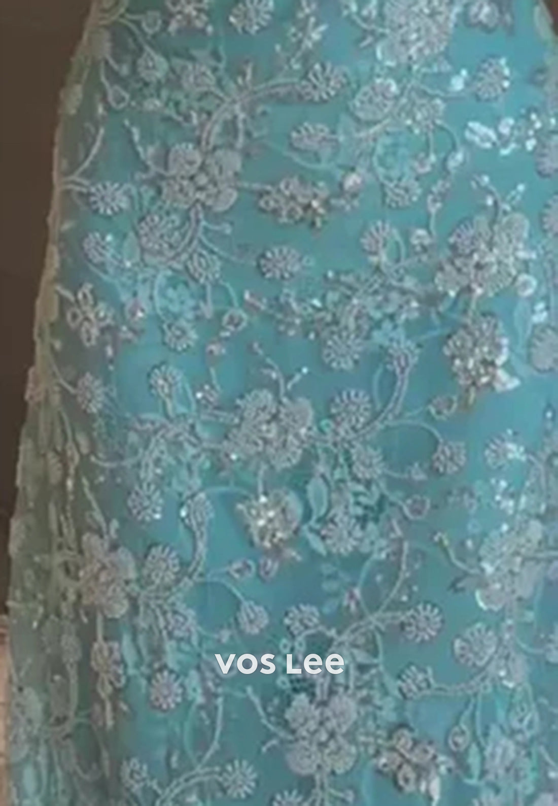 Sky Blue Appliques Lace Long Sleeve Pleated Sequins Ankle-Length Evening Dresses