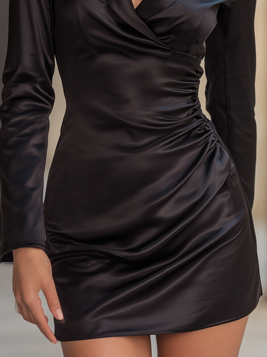 VOS LEE Ruched Satin Blazer Dress In Jet Black