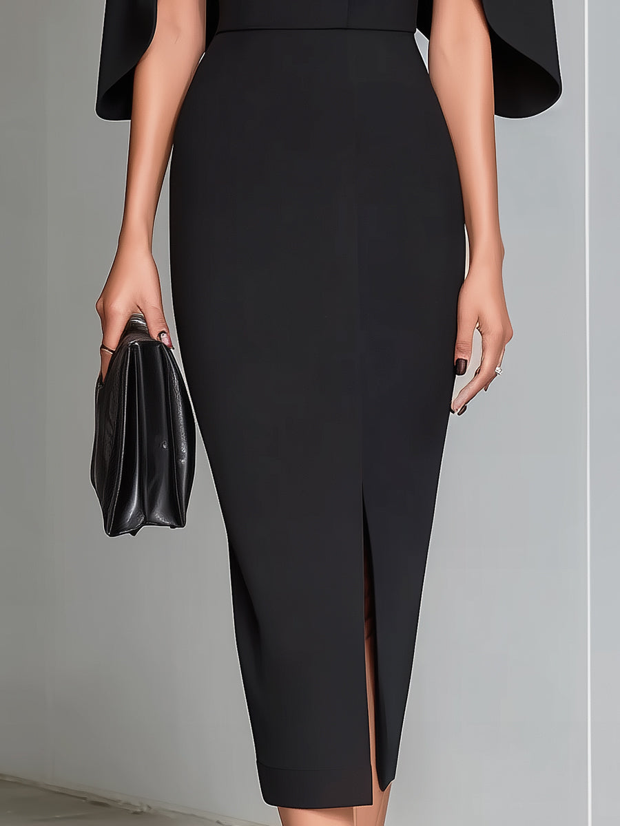 Black Cape-Sleeve Midi Sheath Dress