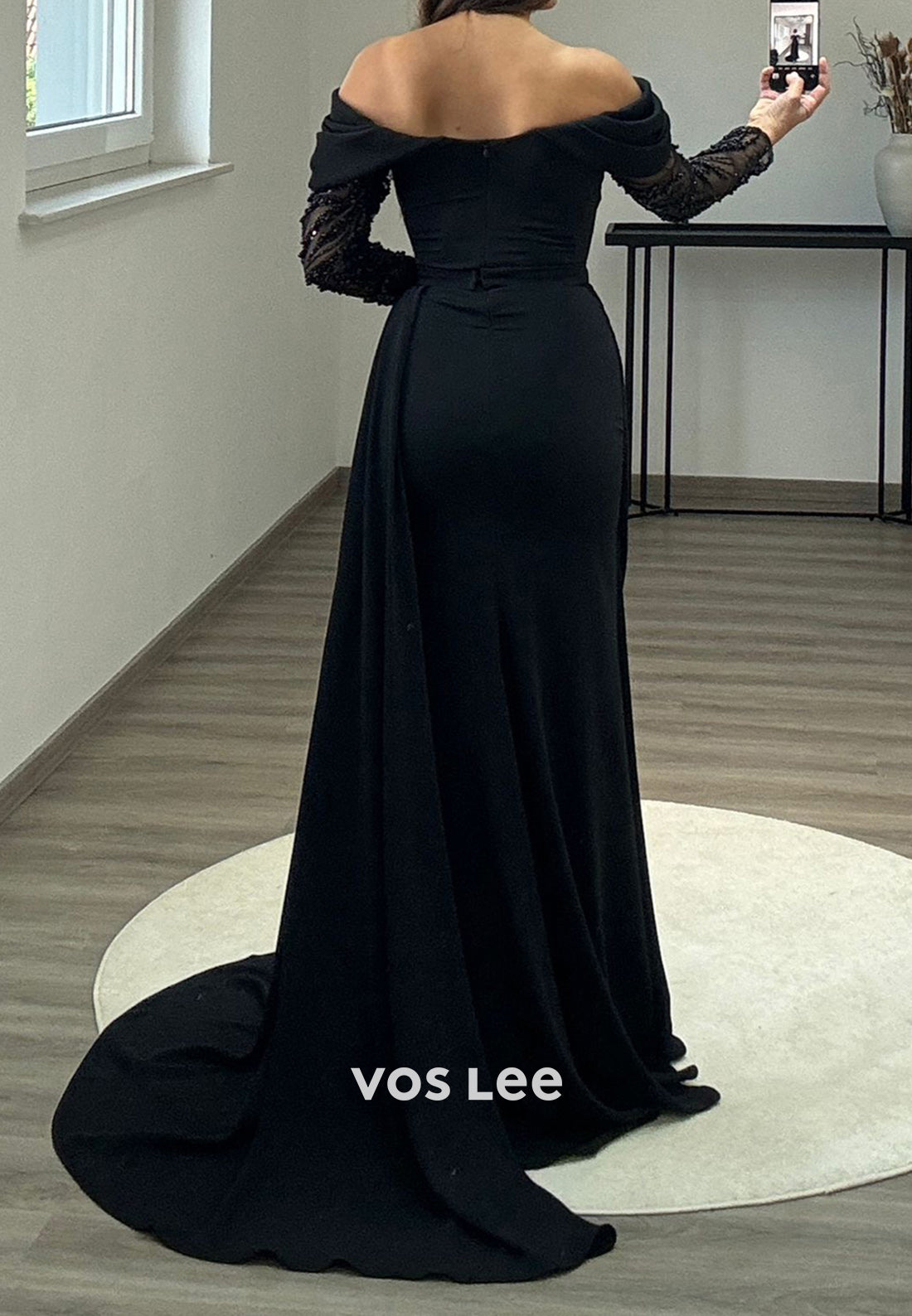 Formal Beaded Off Shoulder Sleeves with Train Sheath Evening Party Dress