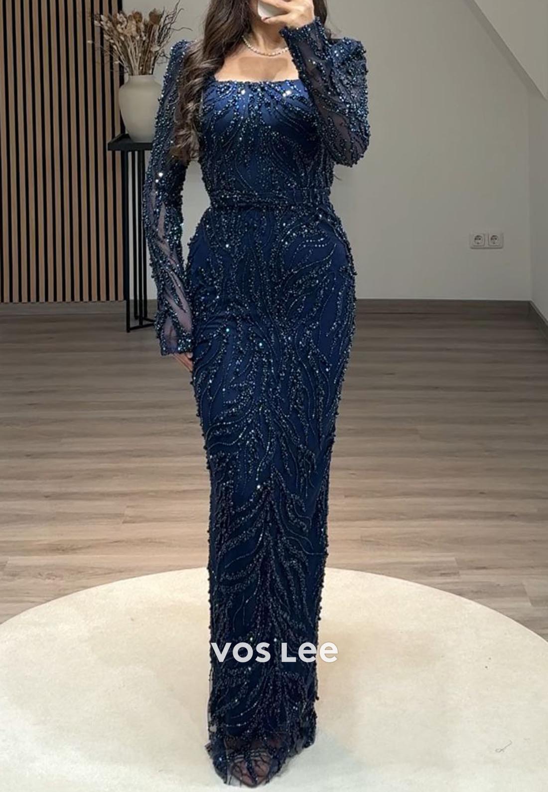 Elegance Allover Lace Beaded Long Sleeves Mermaid Evening Formal Dresses