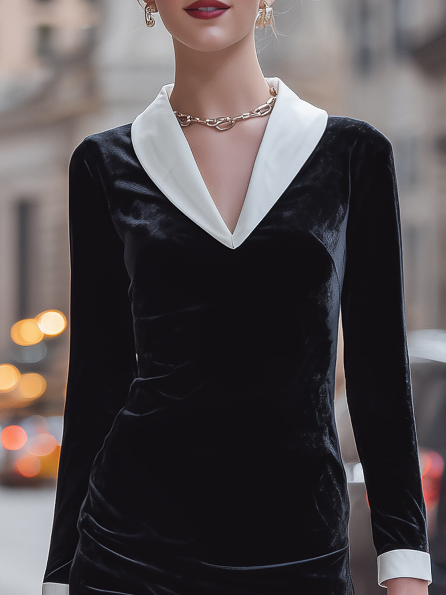 Velvet Contrast Collar Long Sleeve Mini Dress