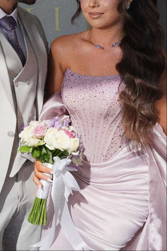 Strapless Mermaid Long Evening Dress With Pearls Pleats Ruffles