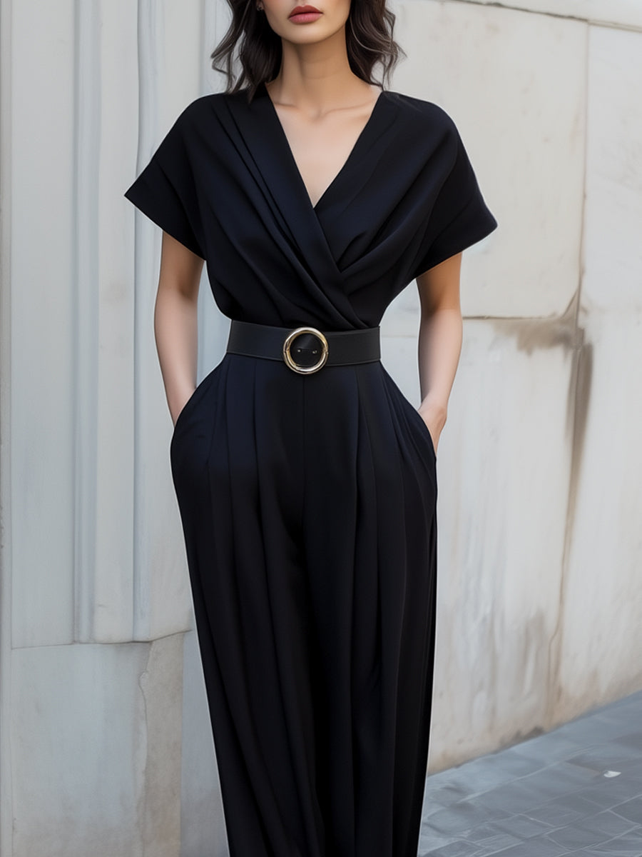Sleek V-Neck Belted Wide-Leg Jumpsuit
