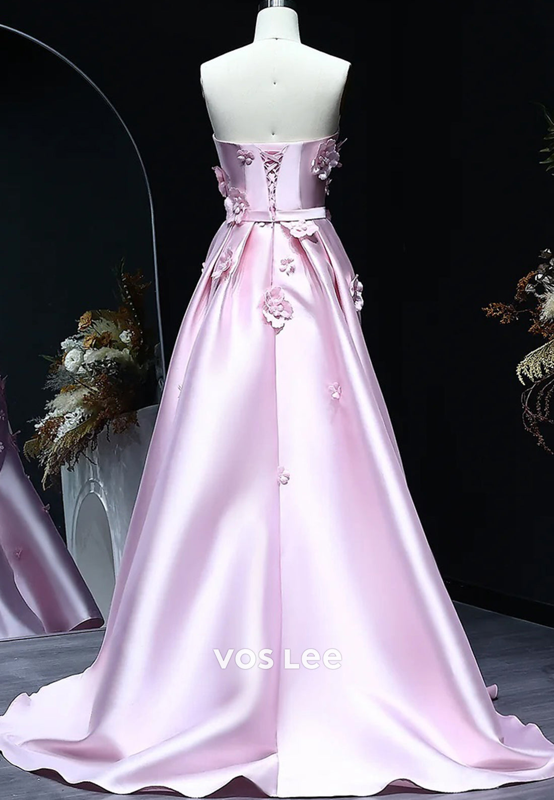 Glamorous & Dramatic A-Line Strapless Handmade Flowers Prom Dresses with Court Train