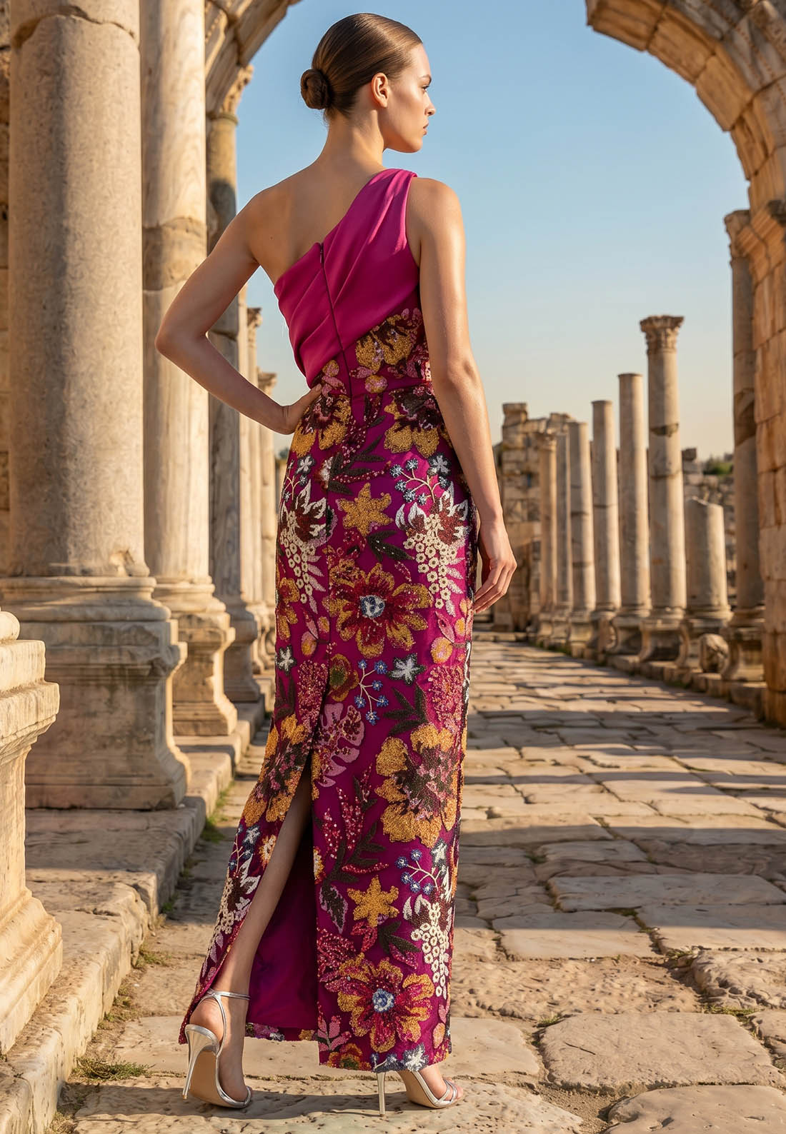 Charming Floral Appliques One Shoulder Train Evening Dress