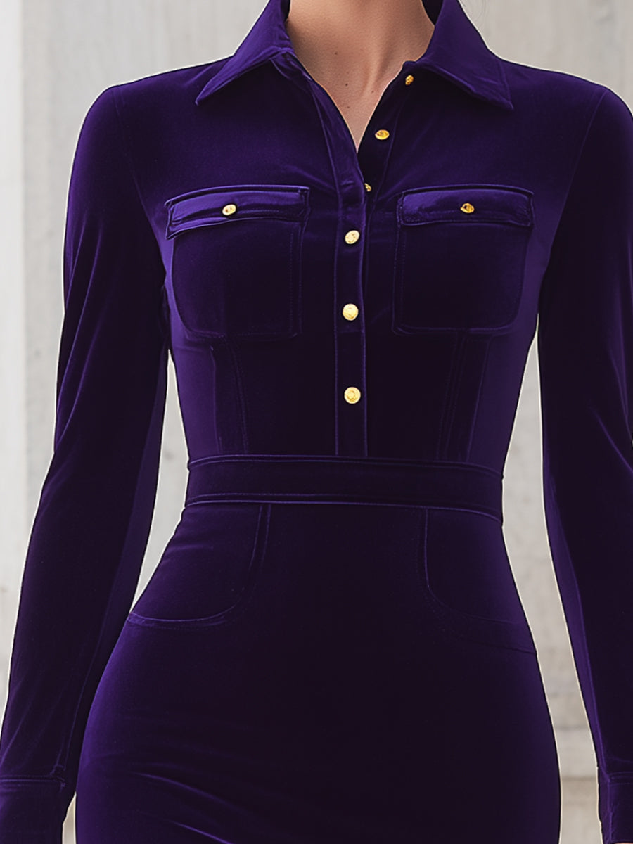 Royal Purple Velvet Shirt Dress With Gold Accents