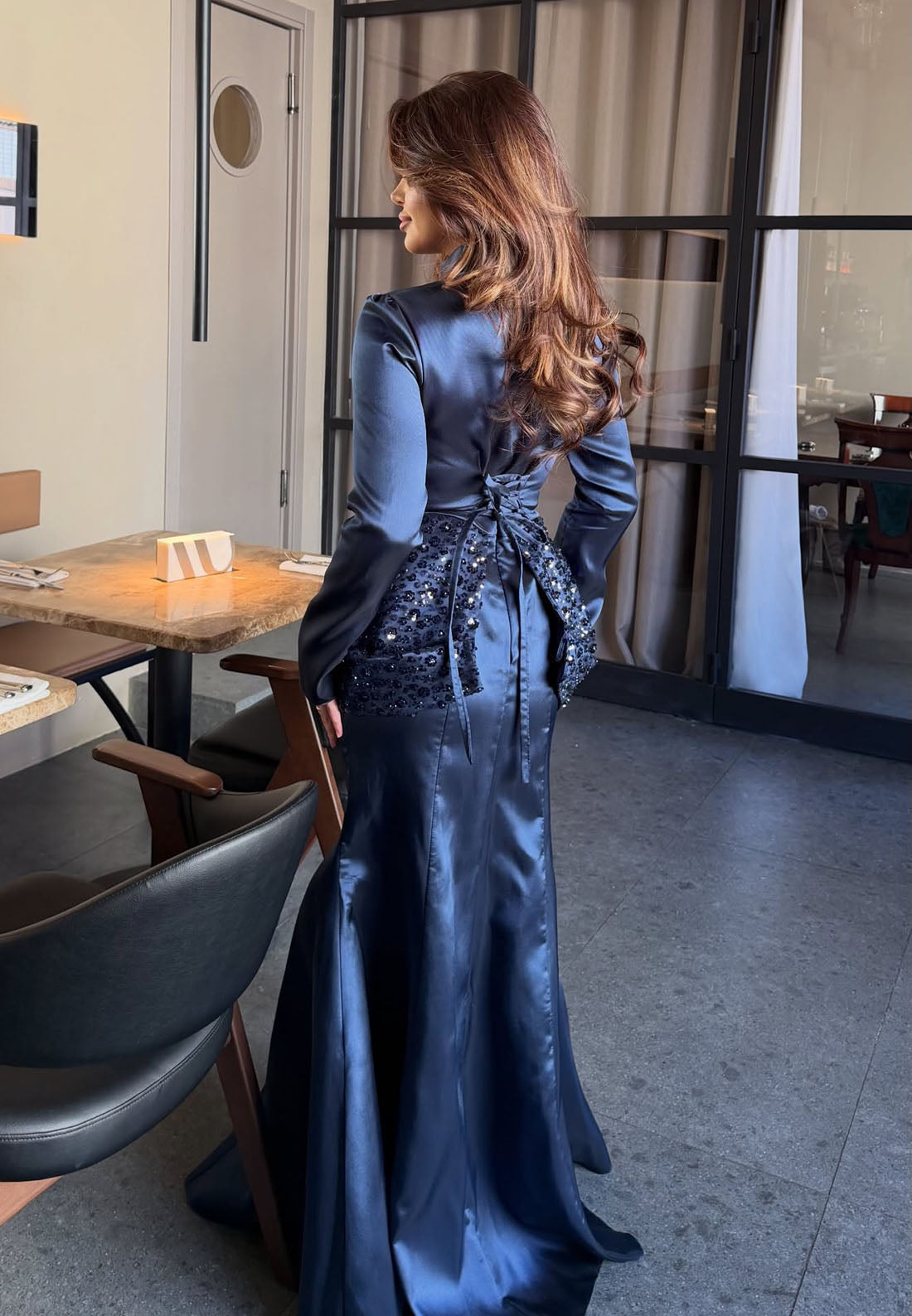 Navy Blue High Neck Evening Gown | Long Sleeve Satin Mermaid Dress with Beaded Waist