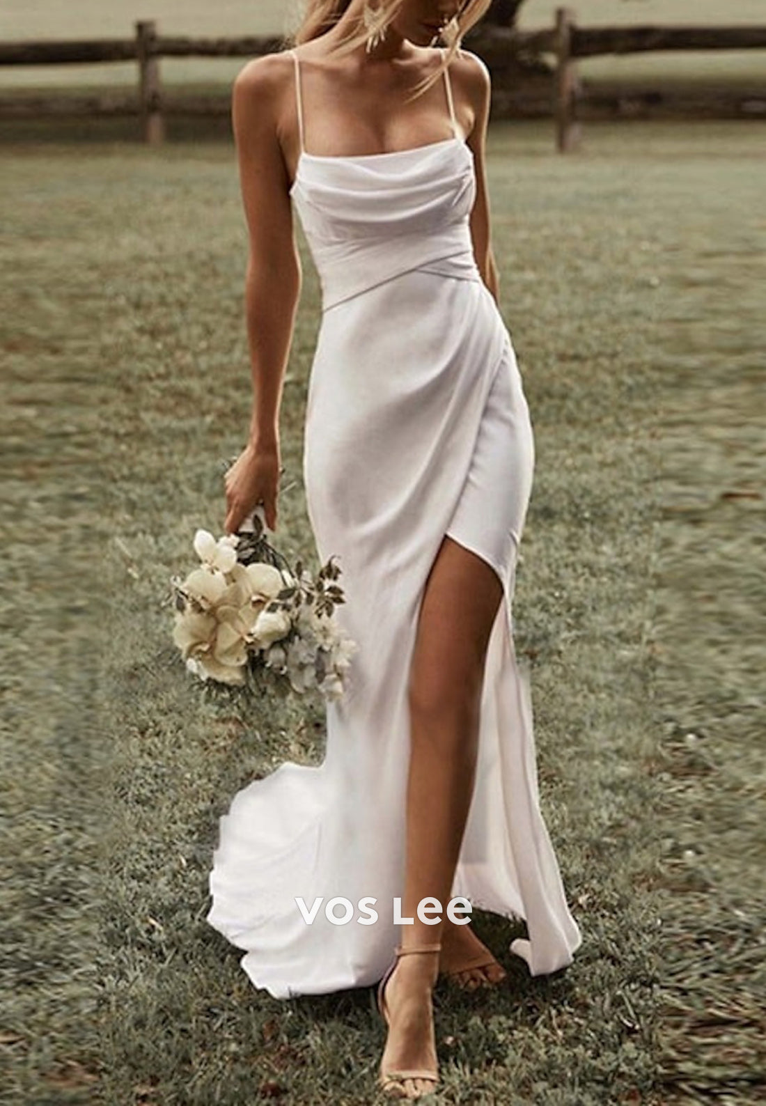 Sexy & Sleek Spaghetti Straps Square Pleated Mermaid Wedding Dresses with Side Split