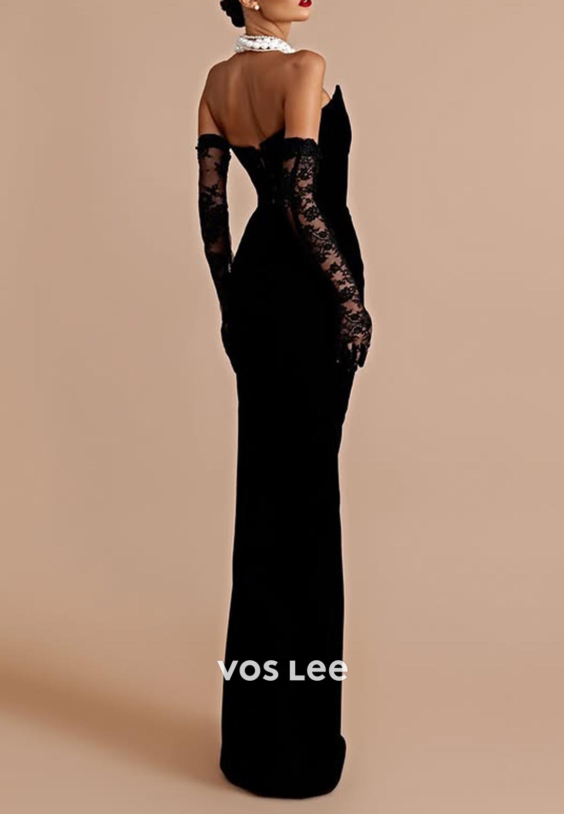Sexy & Hot Black V-Neck Mermaid Prom Dresses with Lace Long gloves