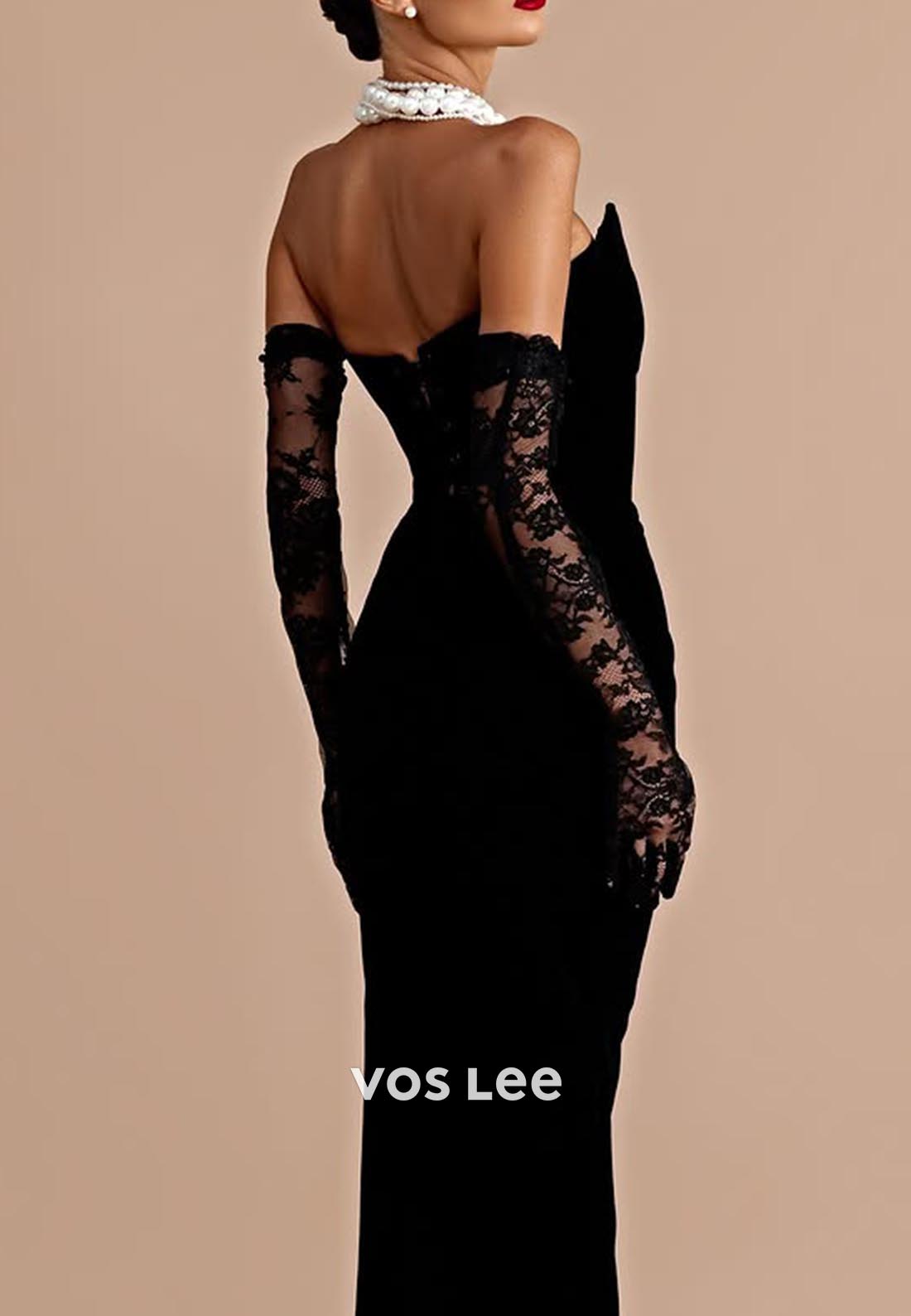 Sexy & Hot Black V-Neck Mermaid Prom Dresses with Lace Long gloves