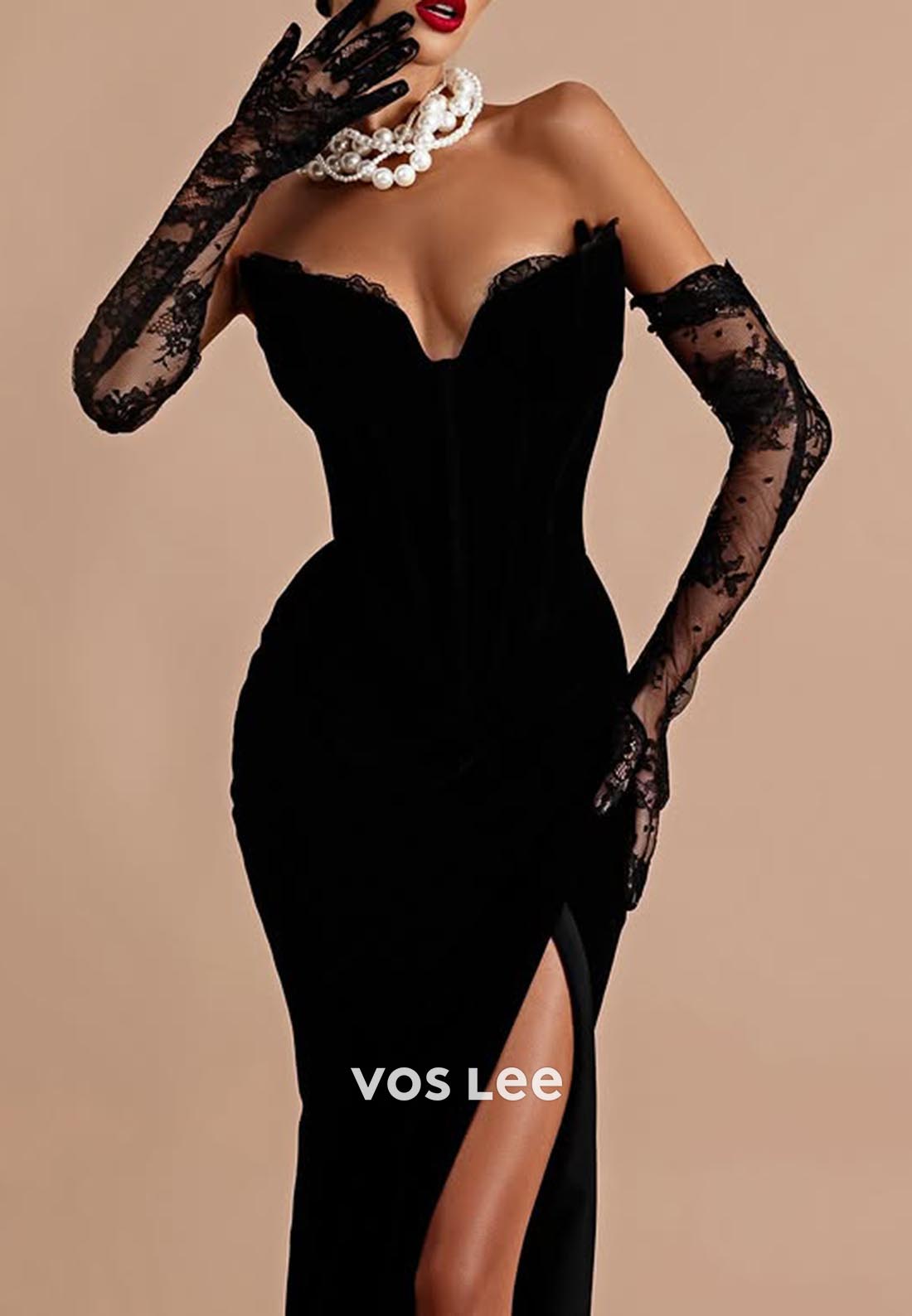 Sexy & Hot Black V-Neck Mermaid Prom Dresses with Lace Long gloves