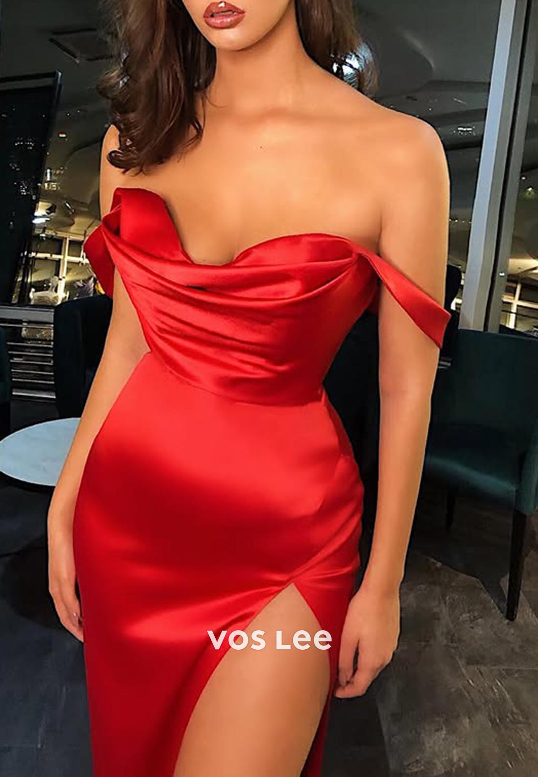 Sexy & Hot Red Mermaid Pleats Evening Prom Dresses with Side Split
