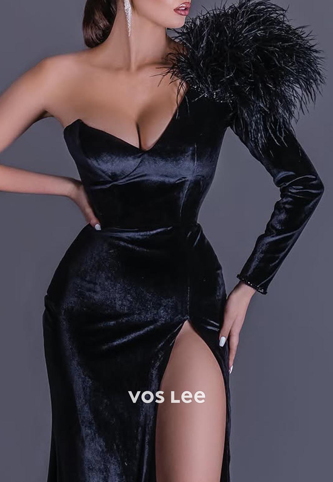 Hot Black One Shoulder Long Sleeves feather Mermaid Prom Dresses with Side Split