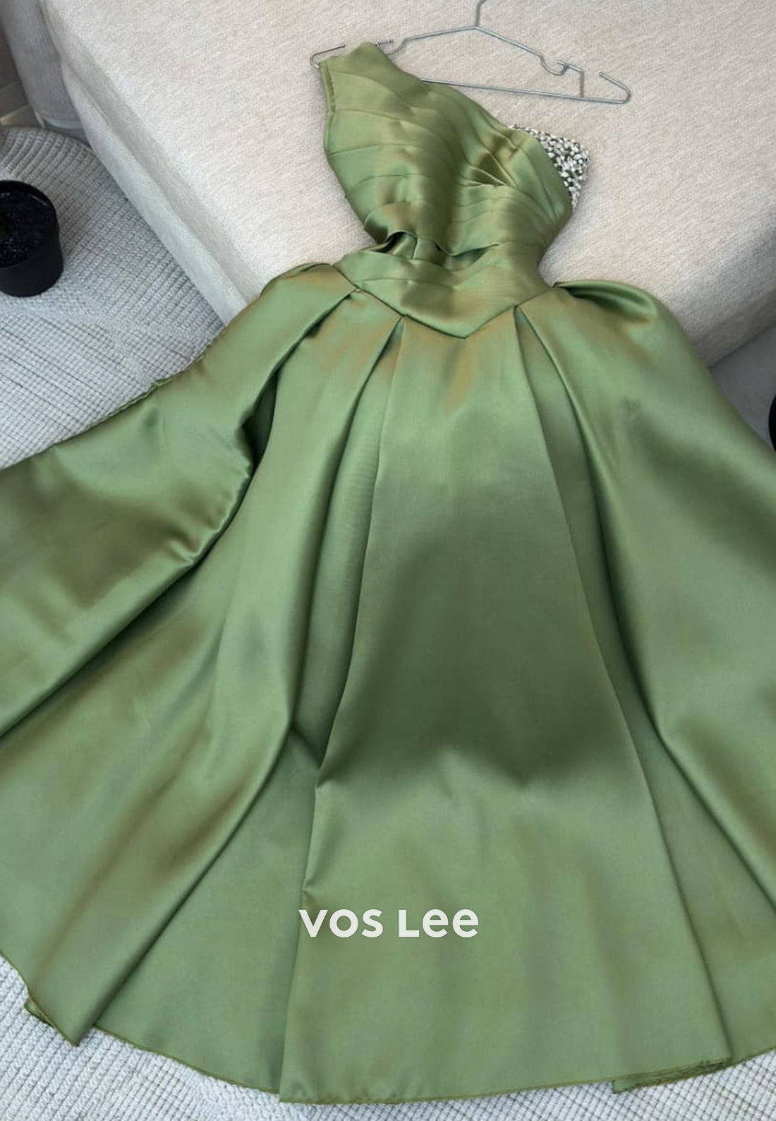 A-Line Long Sleeve One Shoulder Rhinestone Pleated Ankle-Length Evening Dresses