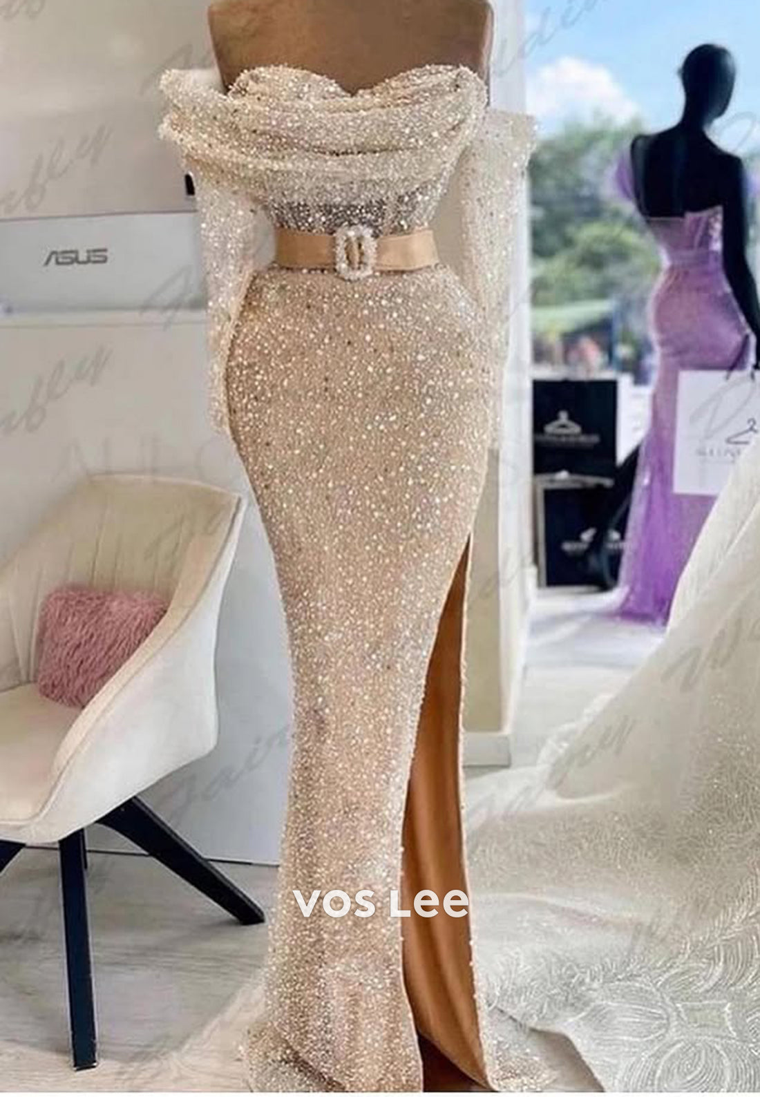 Sparkle White Sequined Fitted Sweetheart Sleeves Evening Dress Formal Party Gown