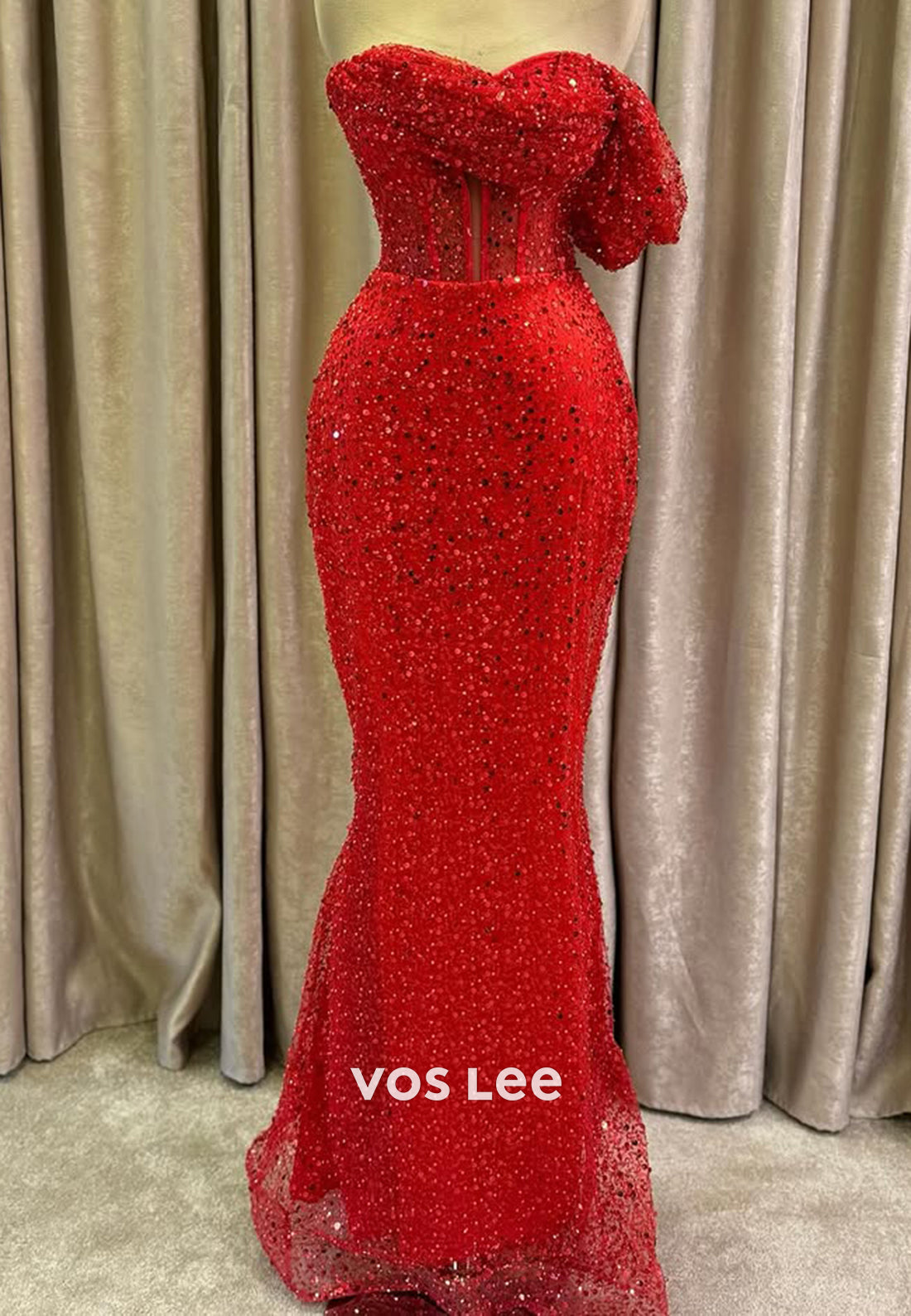 Sparkle Red Sequined Mermaid Strapless Evening Dress Formal Party Guest Gown