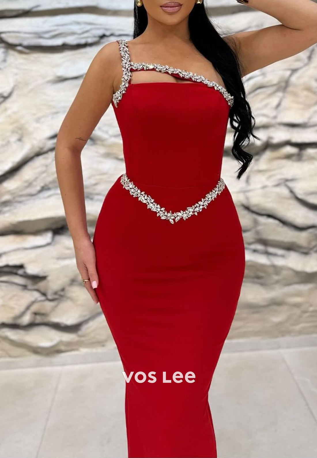 Sexy Red Asymmetrical Beaded Mermaid Evening Dress Floor-Length Formal Party Gown