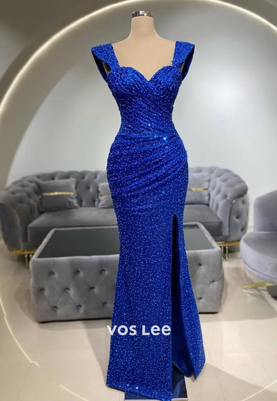 Empire Short Sleeves Blue Trumpet with Slit Evening Dress Formal Party Guest Gown
