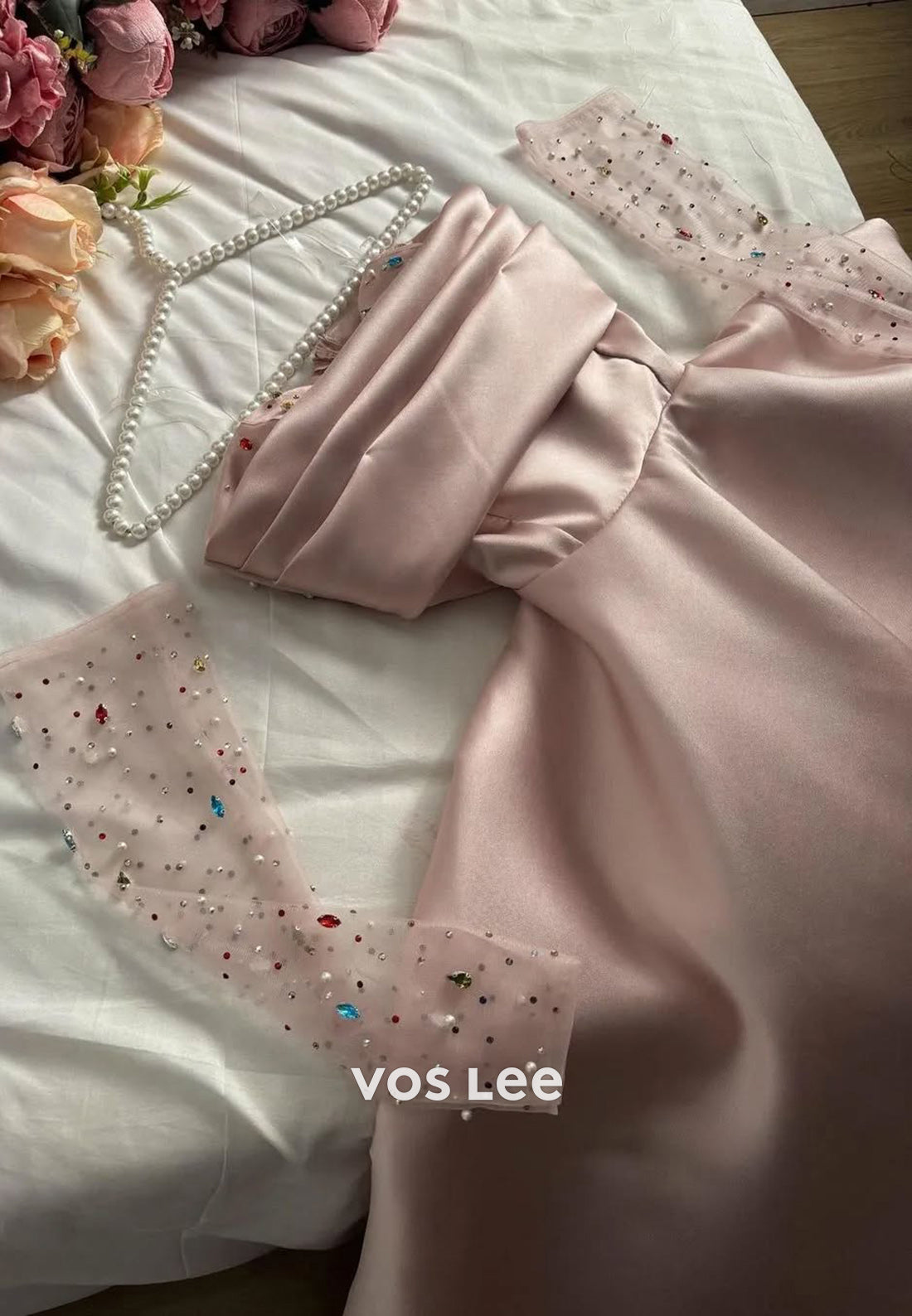 A-Line Sweetheart Colored Rhinestone Floor-Length 3/4 Sleeve Evening Dresses