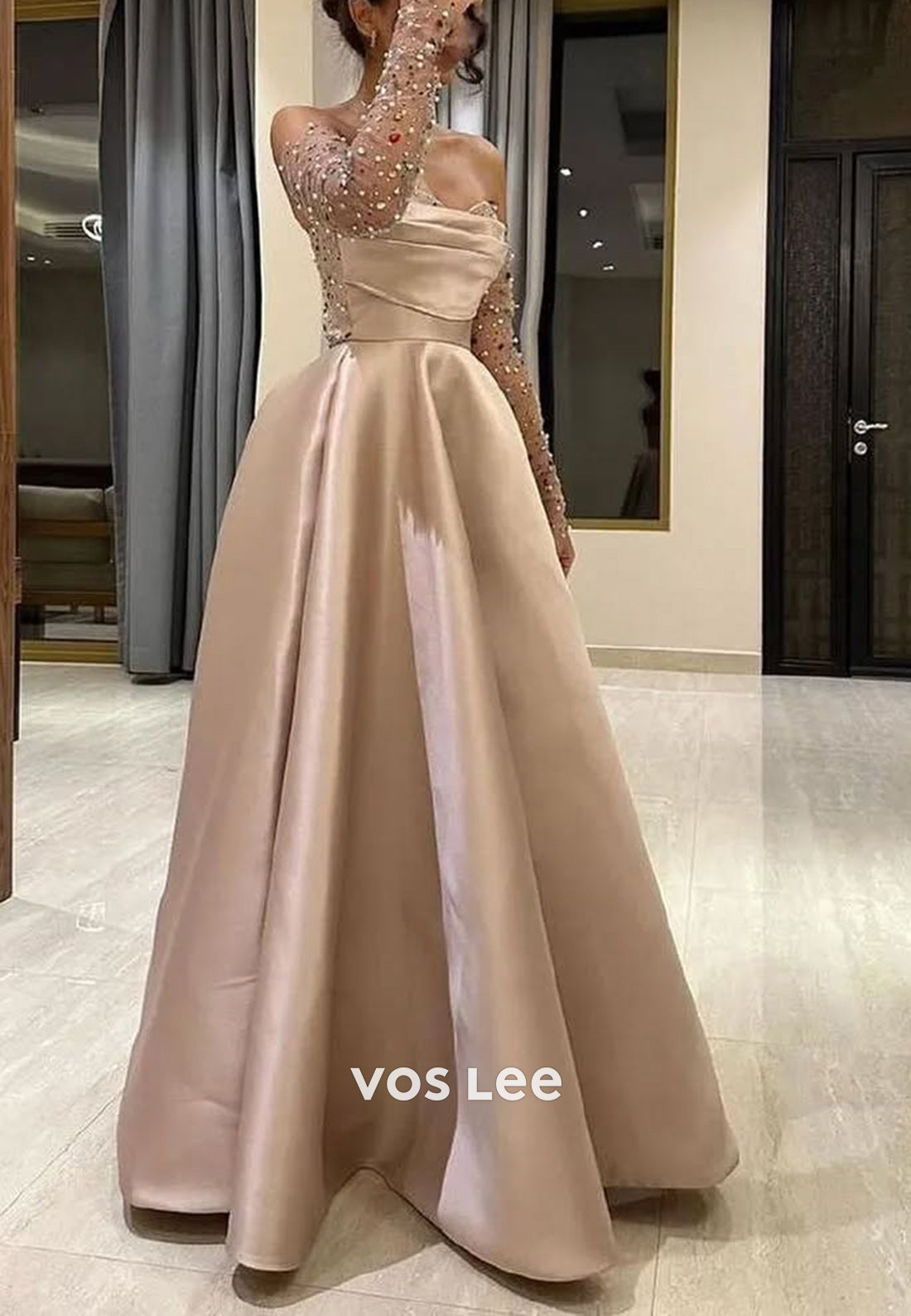 A-Line Sweetheart Colored Rhinestone Floor-Length 3/4 Sleeve Evening Dresses
