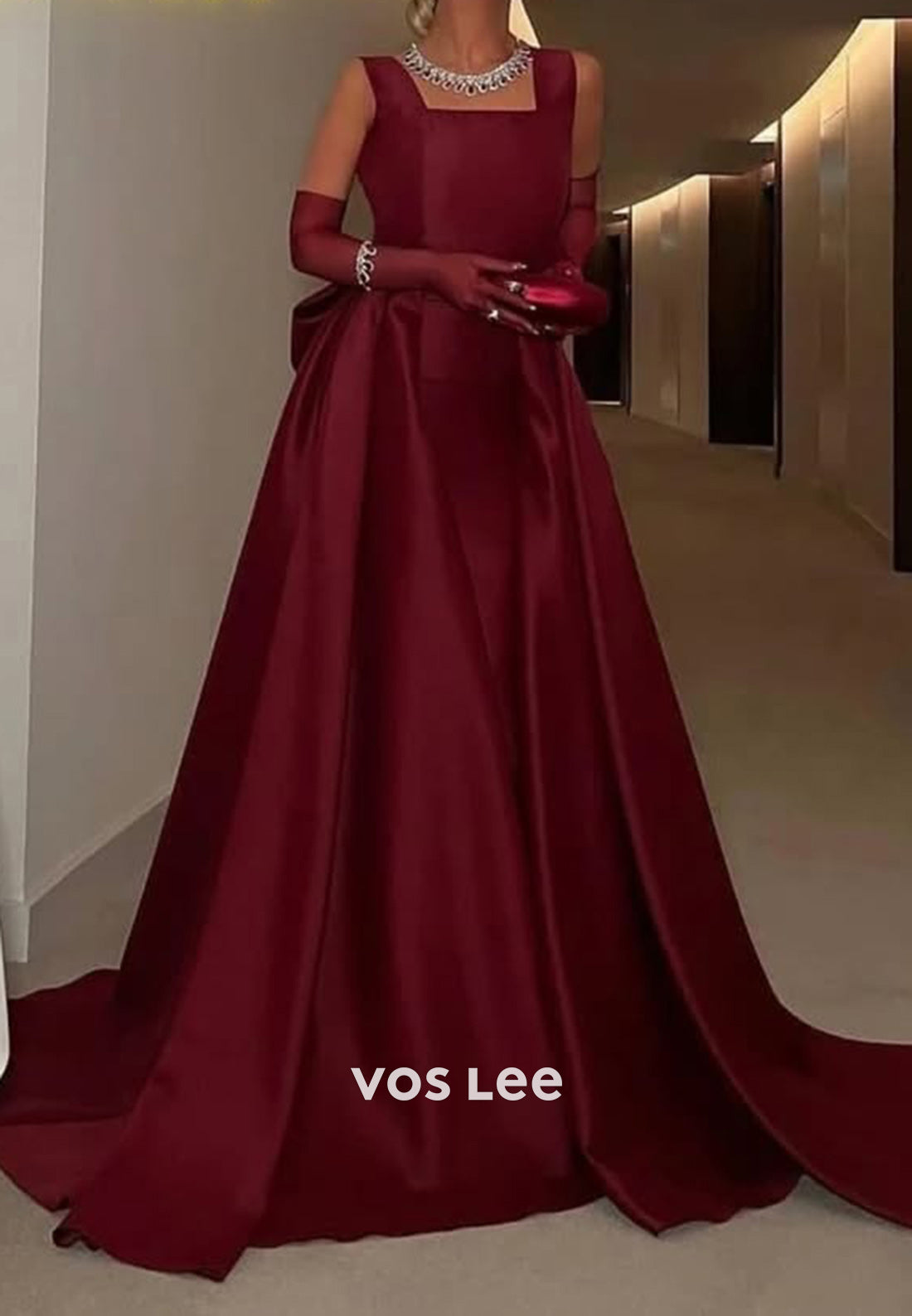 Elegant & Luxurious A-Line Square Bowknot Pleated Evening Dresses with Court Train