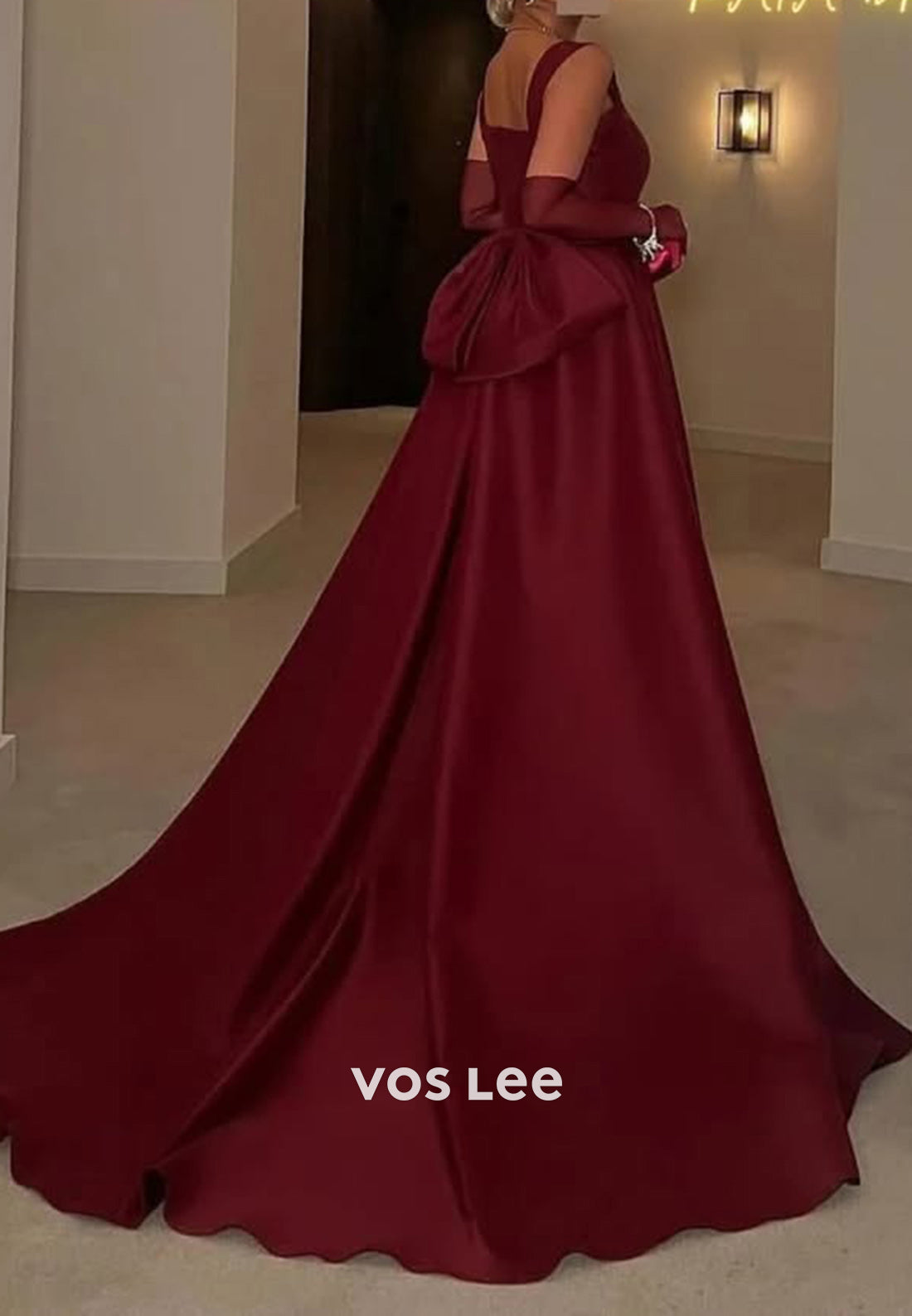 Elegant & Luxurious A-Line Square Bowknot Pleated Evening Dresses with Court Train